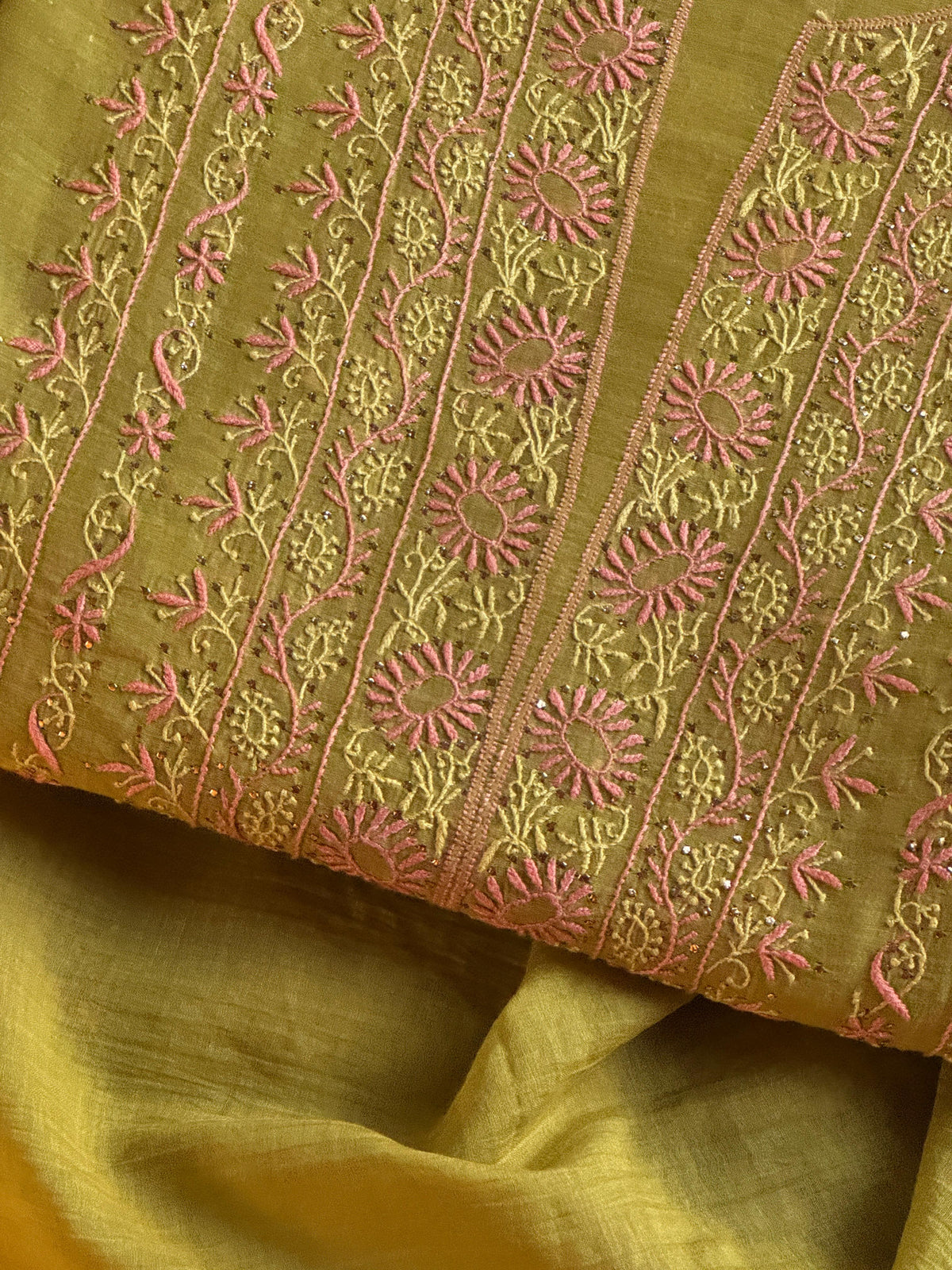 Green Shade Mal Cotton Fine Chikankari With Kamdani Work Unstitched Fabric