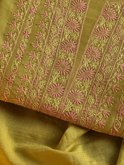 Green Shade Mal Cotton Fine Chikankari With Kamdani Work Unstitched Fabric
