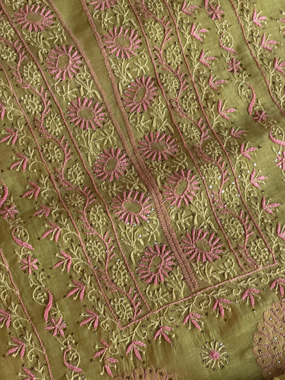 Green Shade Mal Cotton Fine Chikankari With Kamdani Work Unstitched Fabric