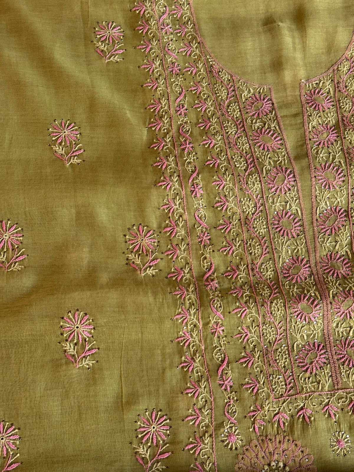 Green Shade Mal Cotton Fine Chikankari With Kamdani Work Unstitched Fabric