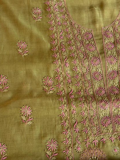 Green Shade Mal Cotton Fine Chikankari With Kamdani Work Unstitched Fabric