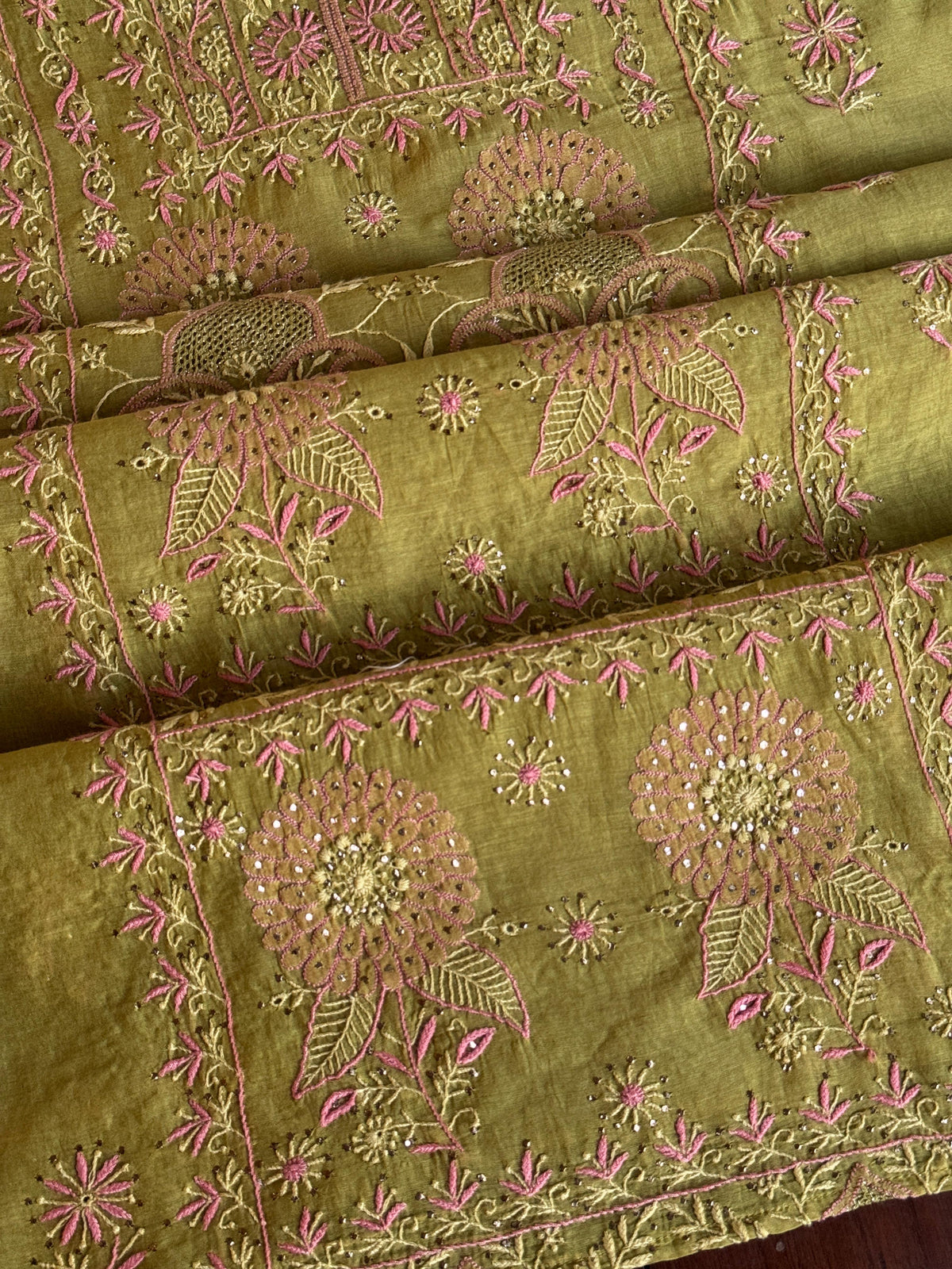Green Shade Mal Cotton Fine Chikankari With Kamdani Work Unstitched Fabric