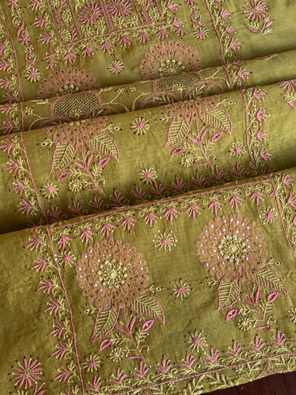 Green Shade Mal Cotton Fine Chikankari With Kamdani Work Unstitched Fabric