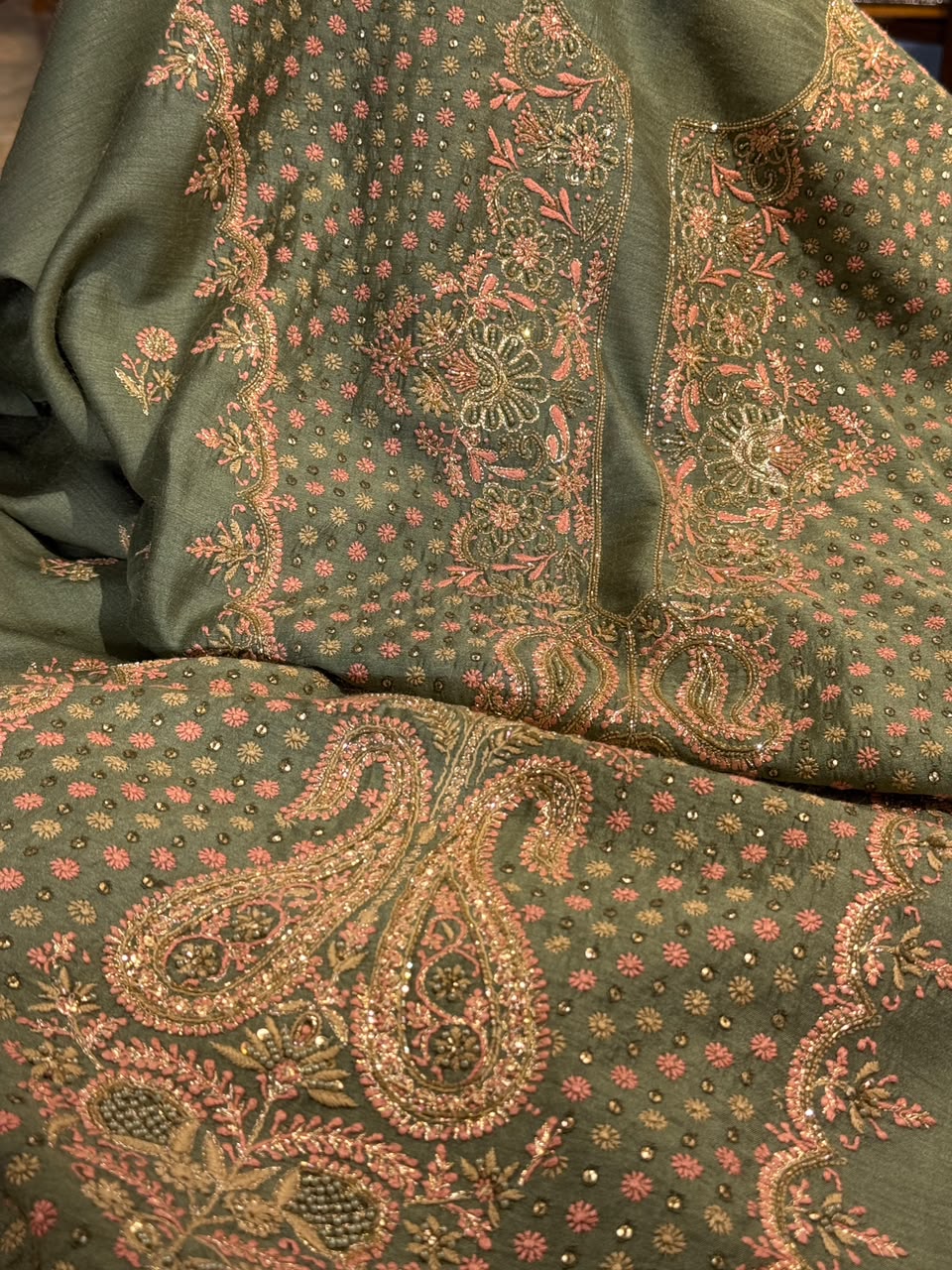Green Shade Moonga Silk Chikankari Unstitched Fabric