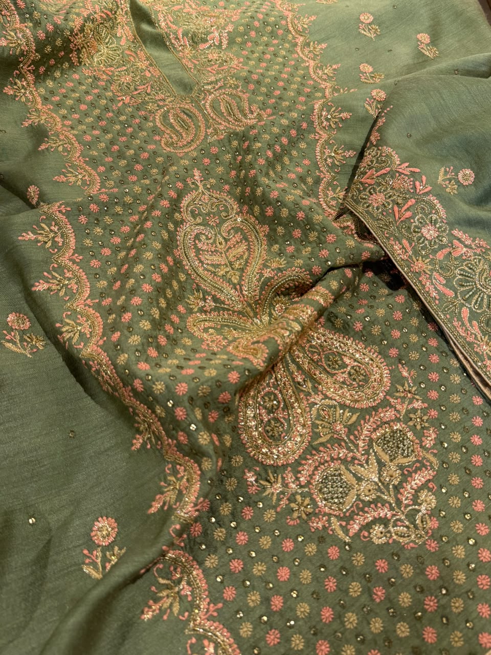 Green Shade Moonga Silk Chikankari Unstitched Fabric