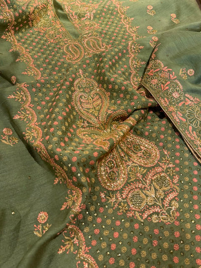 Green Shade Moonga Silk Chikankari Unstitched Fabric