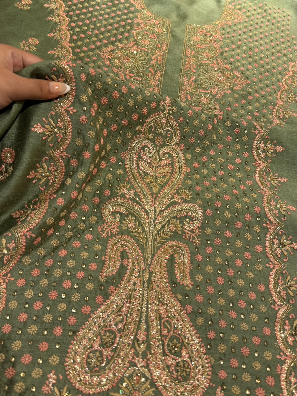 Green Shade Moonga Silk Chikankari Unstitched Fabric