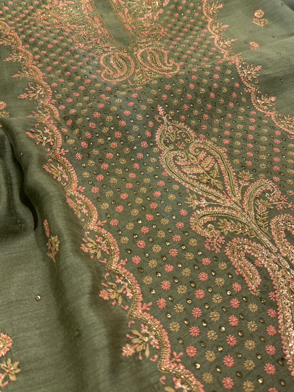 Green Shade Moonga Silk Chikankari Unstitched Fabric