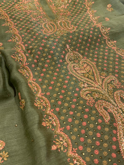 Green Shade Moonga Silk Chikankari Unstitched Fabric