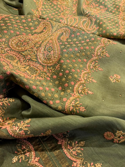 Green Shade Moonga Silk Chikankari Unstitched Fabric