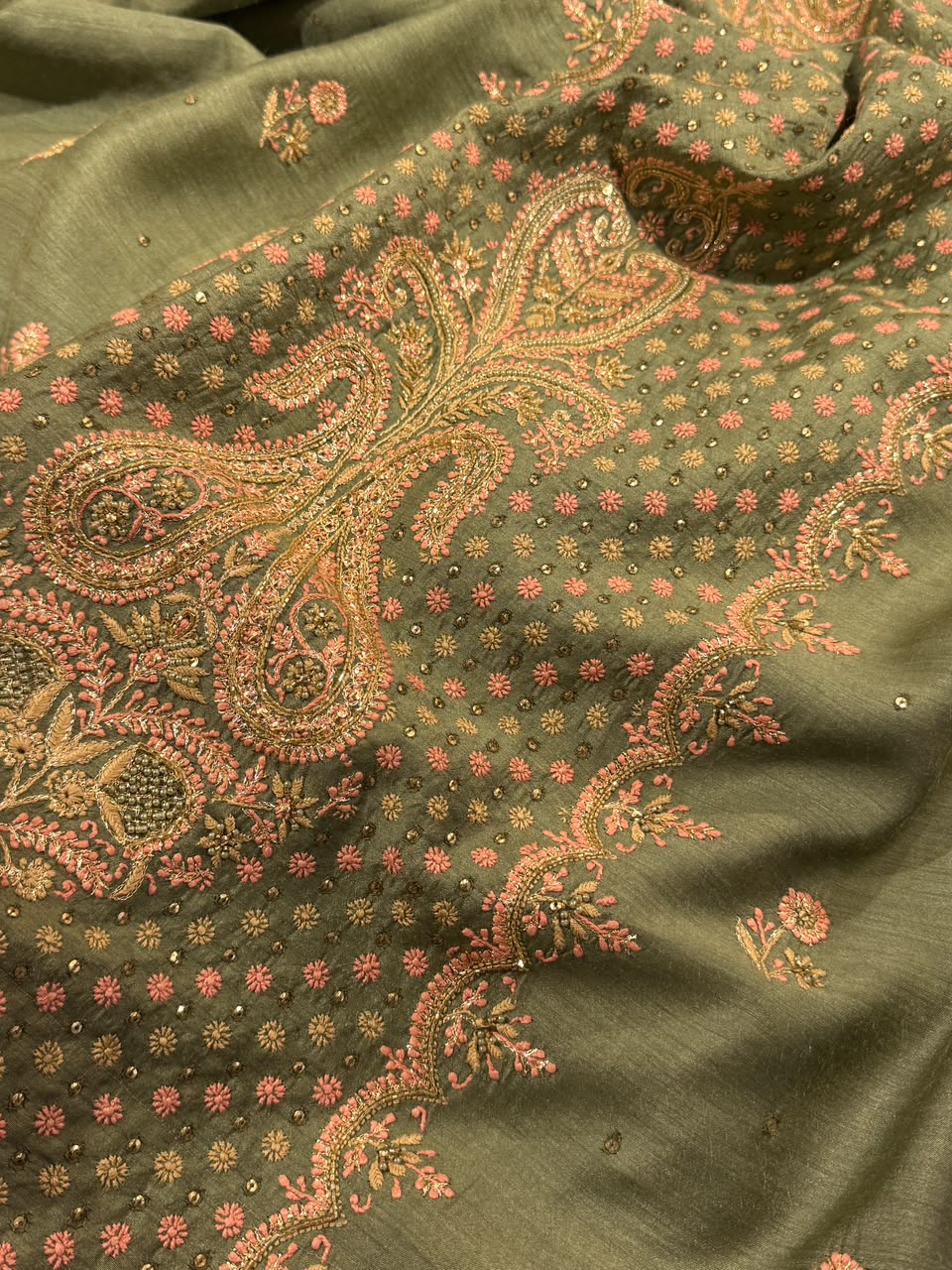 Green Shade Moonga Silk Chikankari Unstitched Fabric