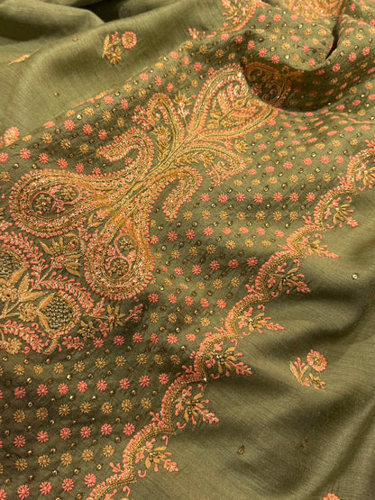 Green Shade Moonga Silk Chikankari Unstitched Fabric