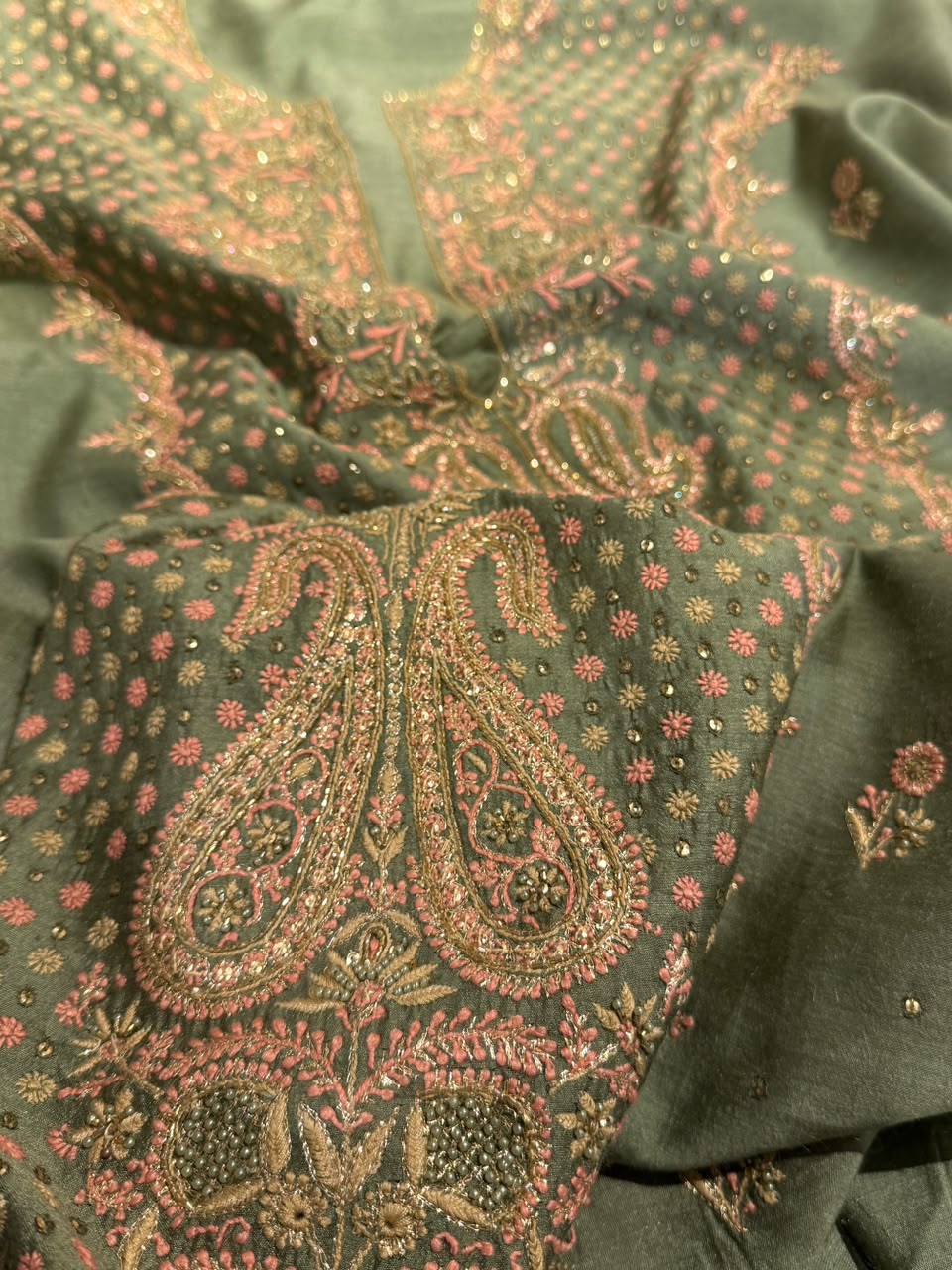 Green Shade Moonga Silk Chikankari Unstitched Fabric