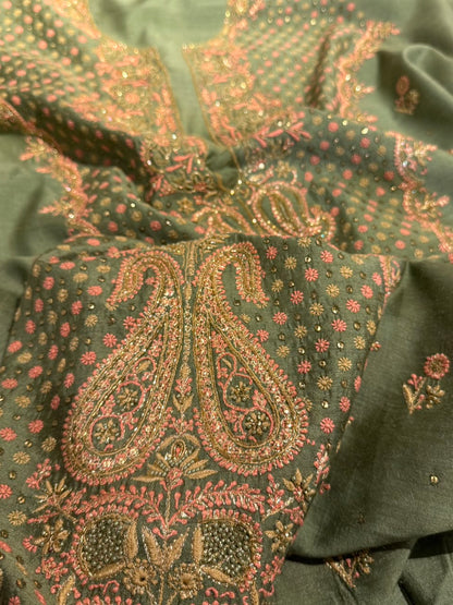 Green Shade Moonga Silk Chikankari Unstitched Fabric