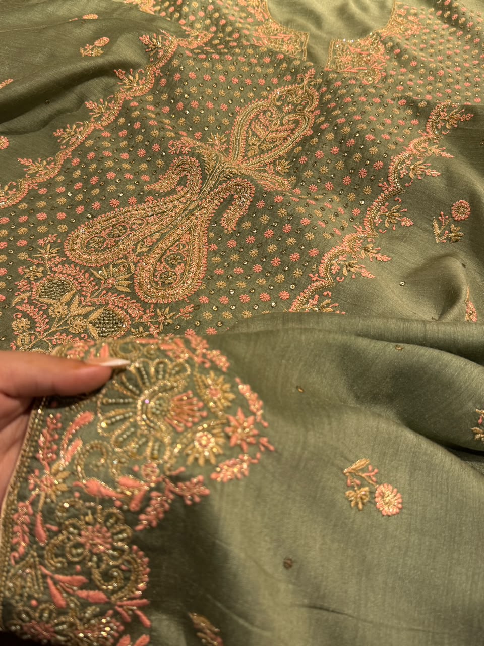 Green Shade Moonga Silk Chikankari Unstitched Fabric