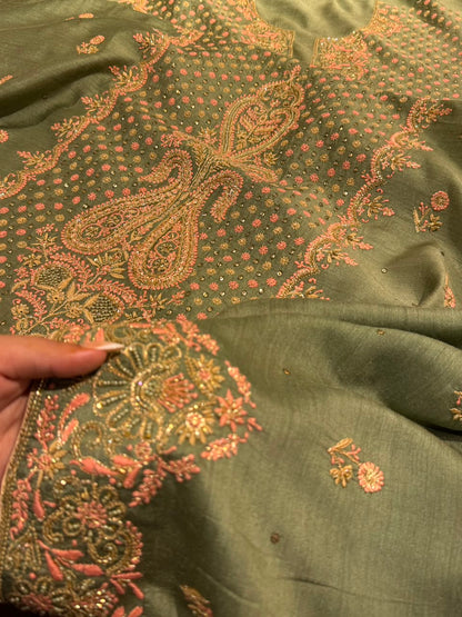 Green Shade Moonga Silk Chikankari Unstitched Fabric
