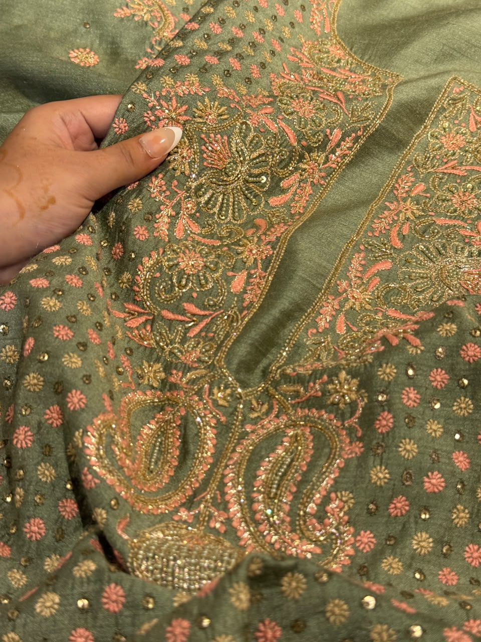Green Shade Moonga Silk Chikankari Unstitched Fabric
