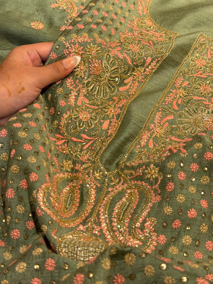 Green Shade Moonga Silk Chikankari Unstitched Fabric