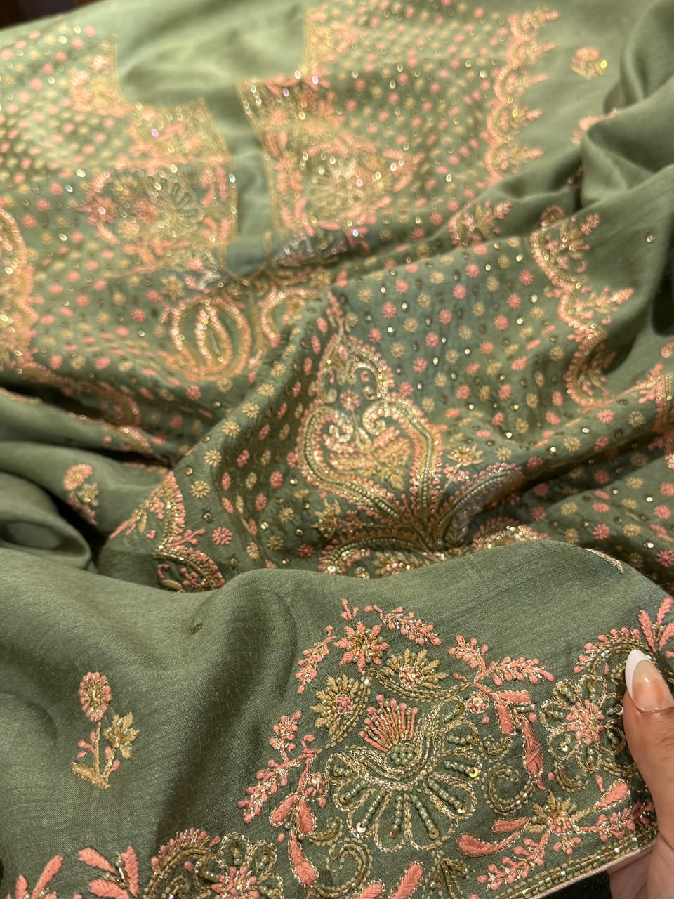 Green Shade Moonga Silk Chikankari Unstitched Fabric
