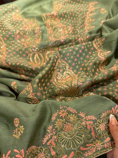 Green Shade Moonga Silk Chikankari Unstitched Fabric