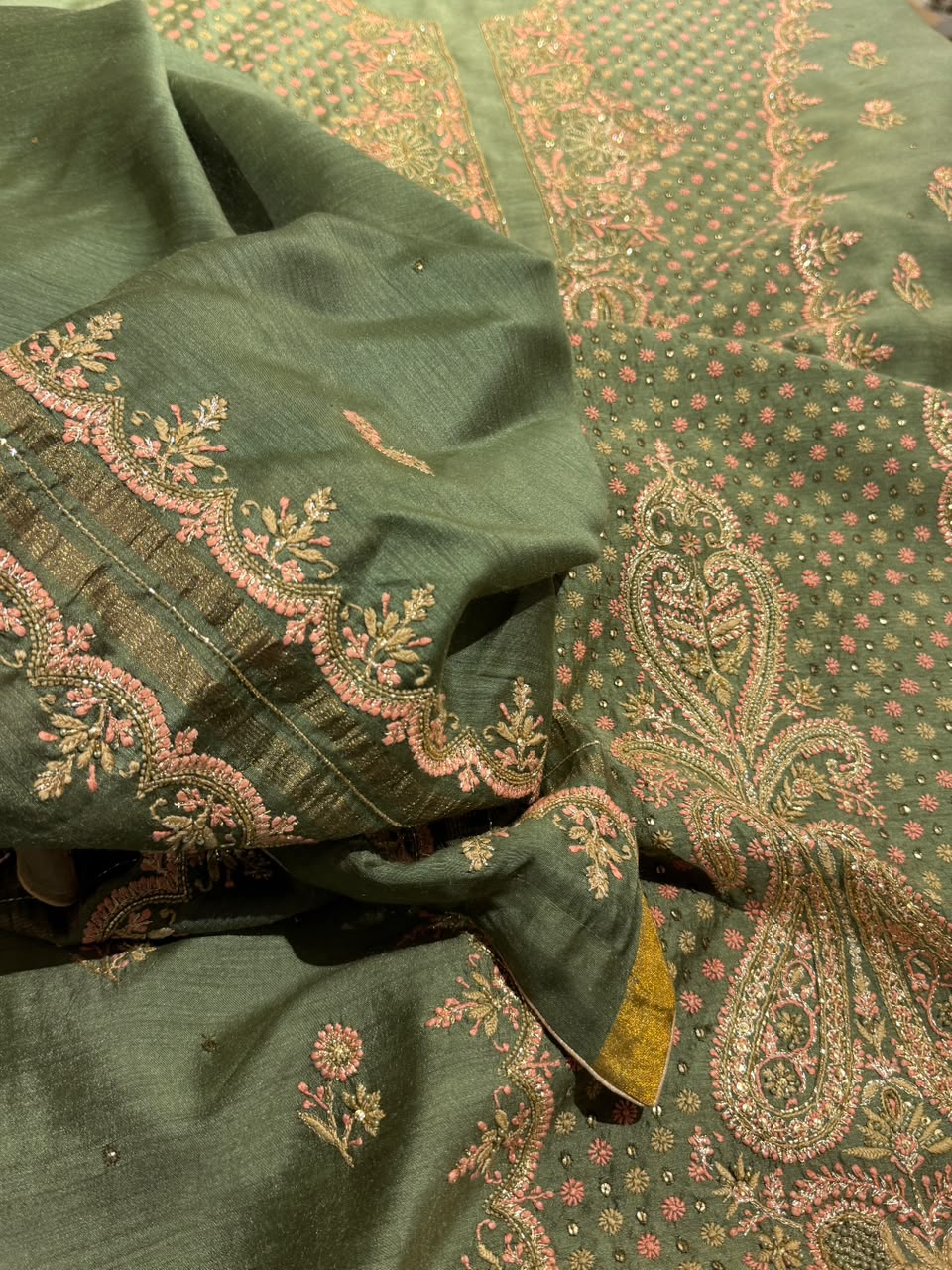 Green Shade Moonga Silk Chikankari Unstitched Fabric