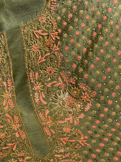 Green Shade Moonga Silk Chikankari Unstitched Fabric