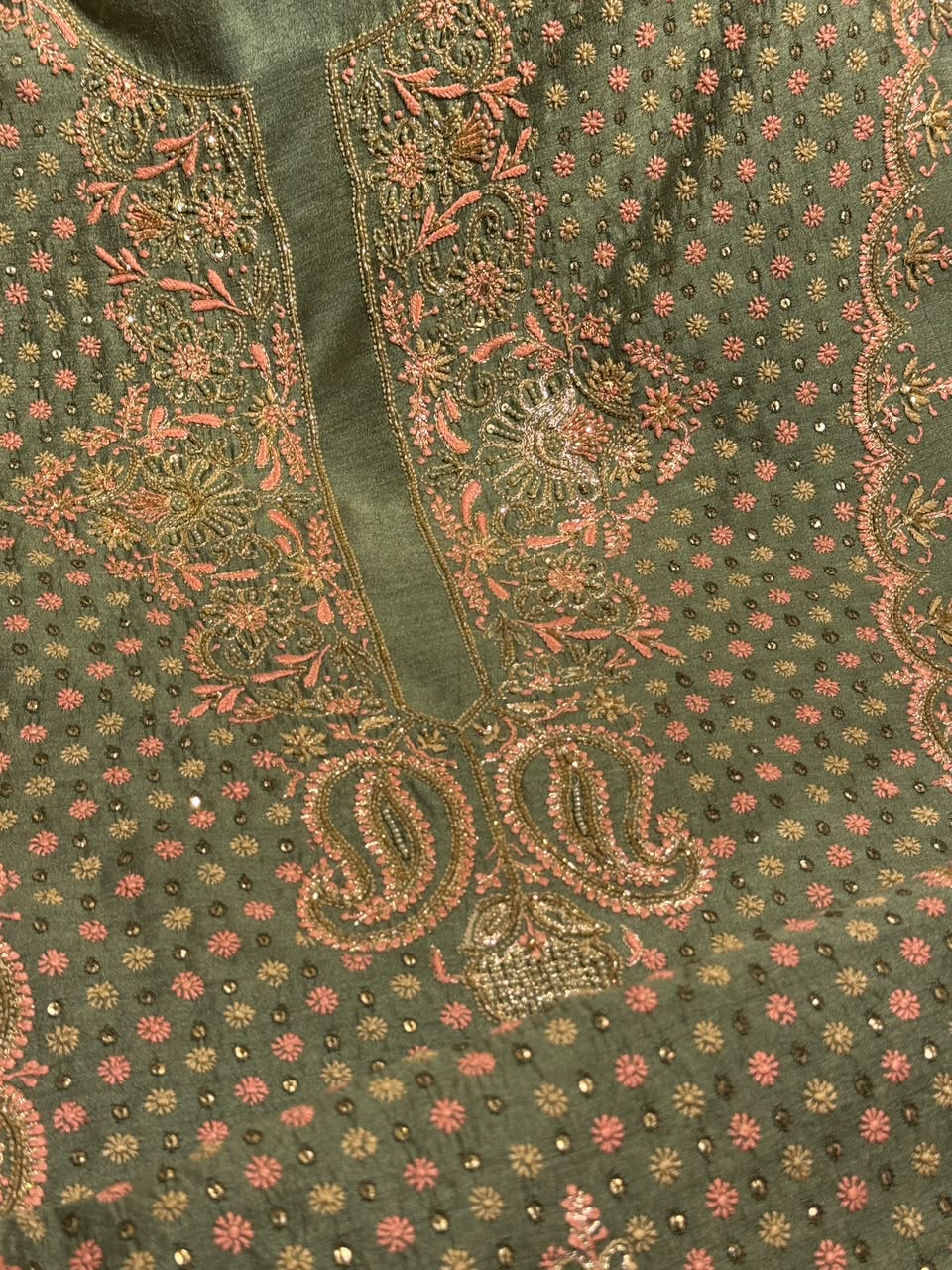 Green Shade Moonga Silk Chikankari Unstitched Fabric