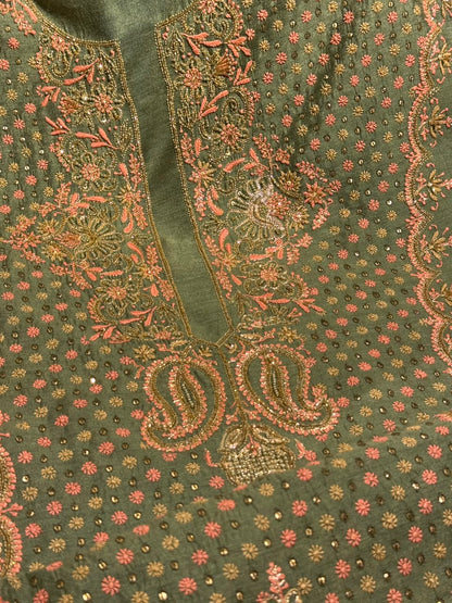 Green Shade Moonga Silk Chikankari Unstitched Fabric