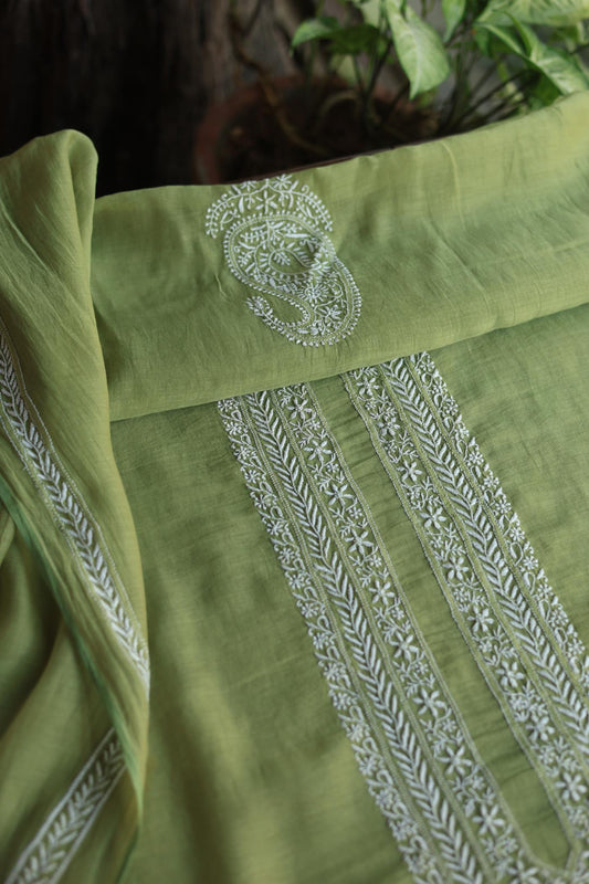 Green Shade Mulmul Chikankari Unstitched Men's Kurtas Fabric