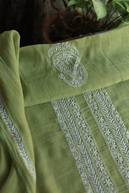 Green Shade Mulmul Chikankari Unstitched Men's Kurtas Fabric