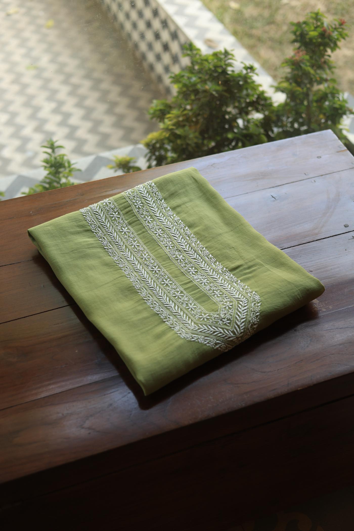 Green Shade Mulmul Chikankari Unstitched Men's Kurtas Fabric