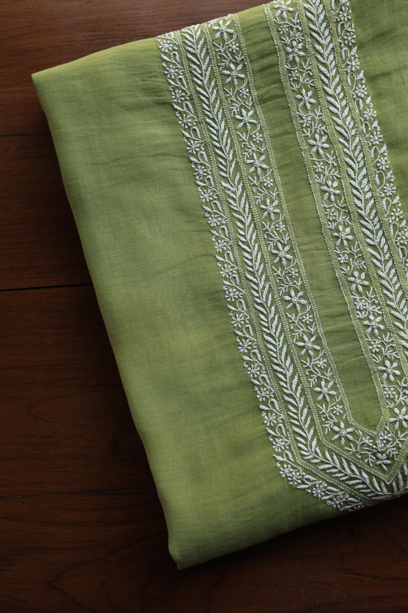 Green Shade Mulmul Chikankari Unstitched Men's Kurtas Fabric