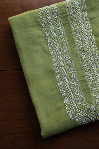 Green Shade Mulmul Chikankari Unstitched Men's Kurtas Fabric