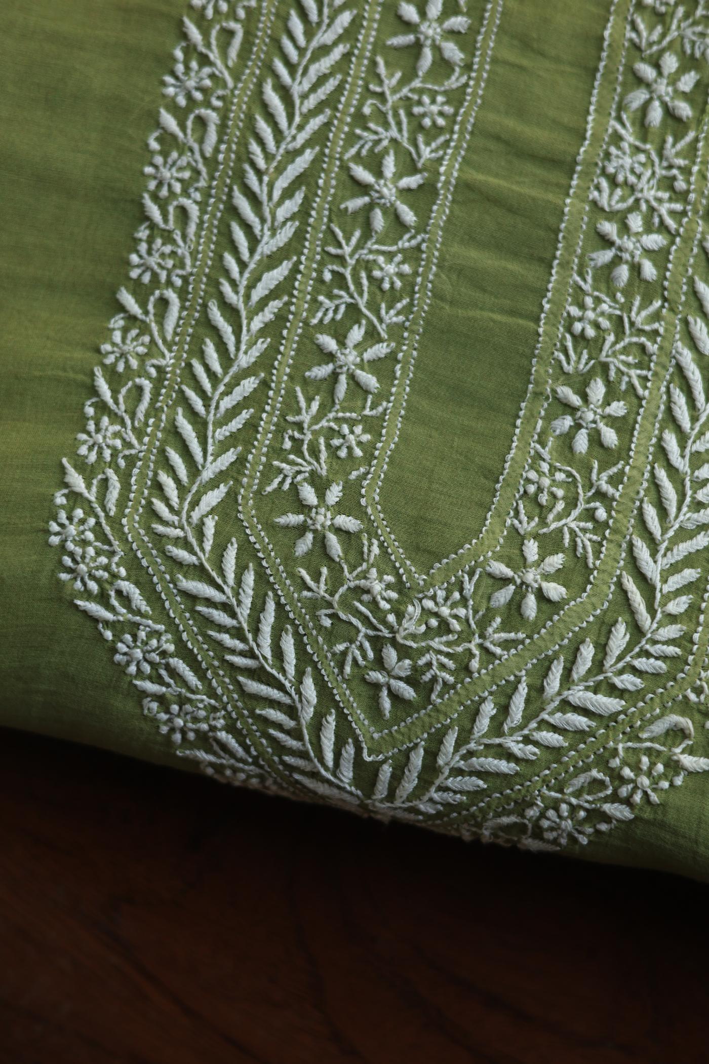 Green Shade Mulmul Chikankari Unstitched Men's Kurtas Fabric