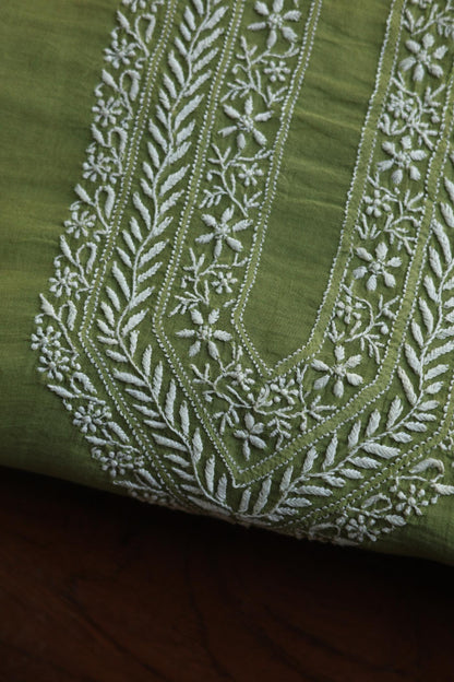 Green Shade Mulmul Chikankari Unstitched Men's Kurtas Fabric