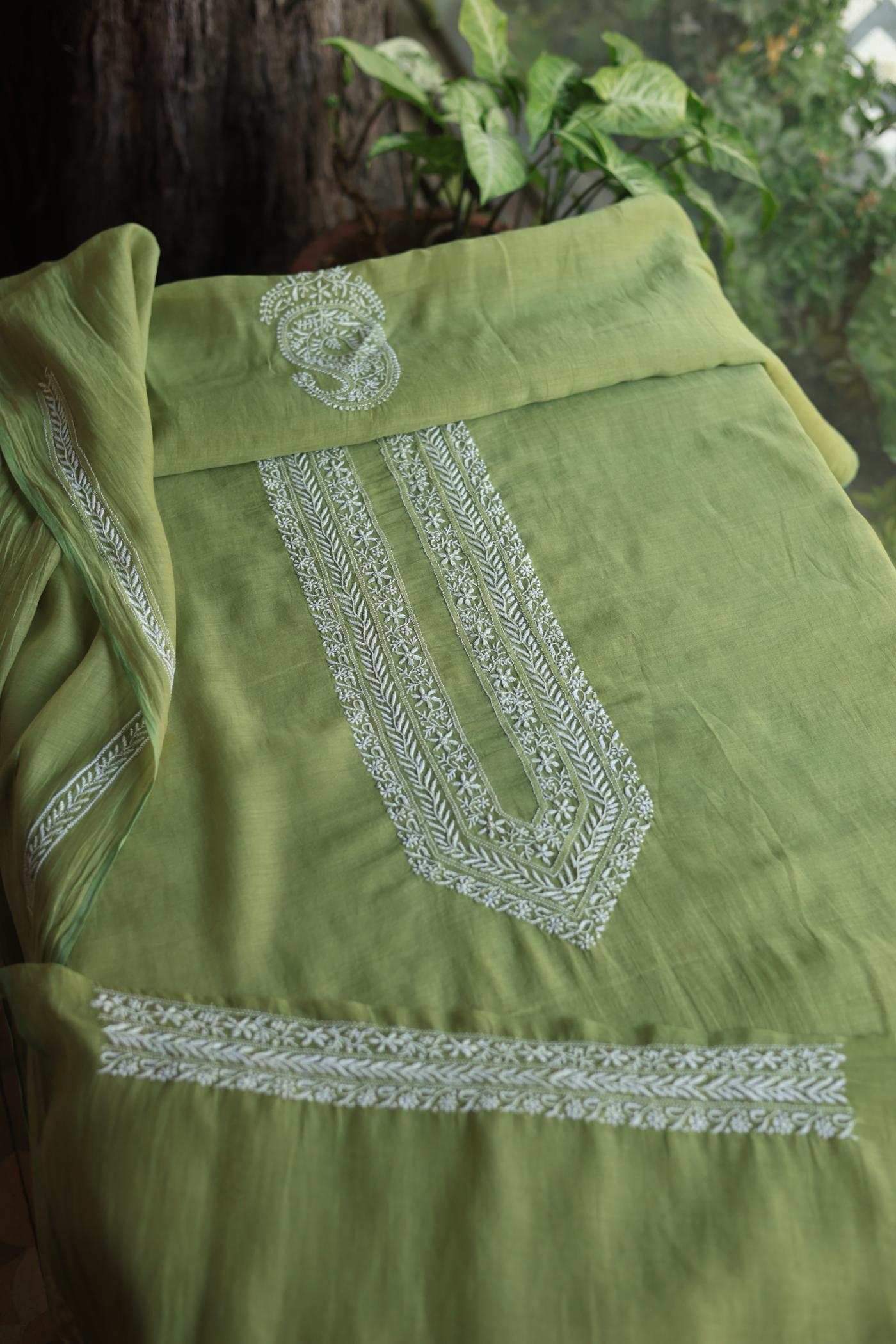 Green Shade Mulmul Chikankari Unstitched Men's Kurtas Fabric