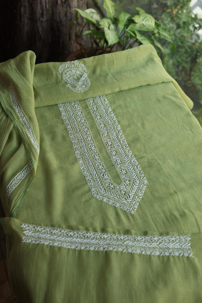 Green Shade Mulmul Chikankari Unstitched Men's Kurtas Fabric