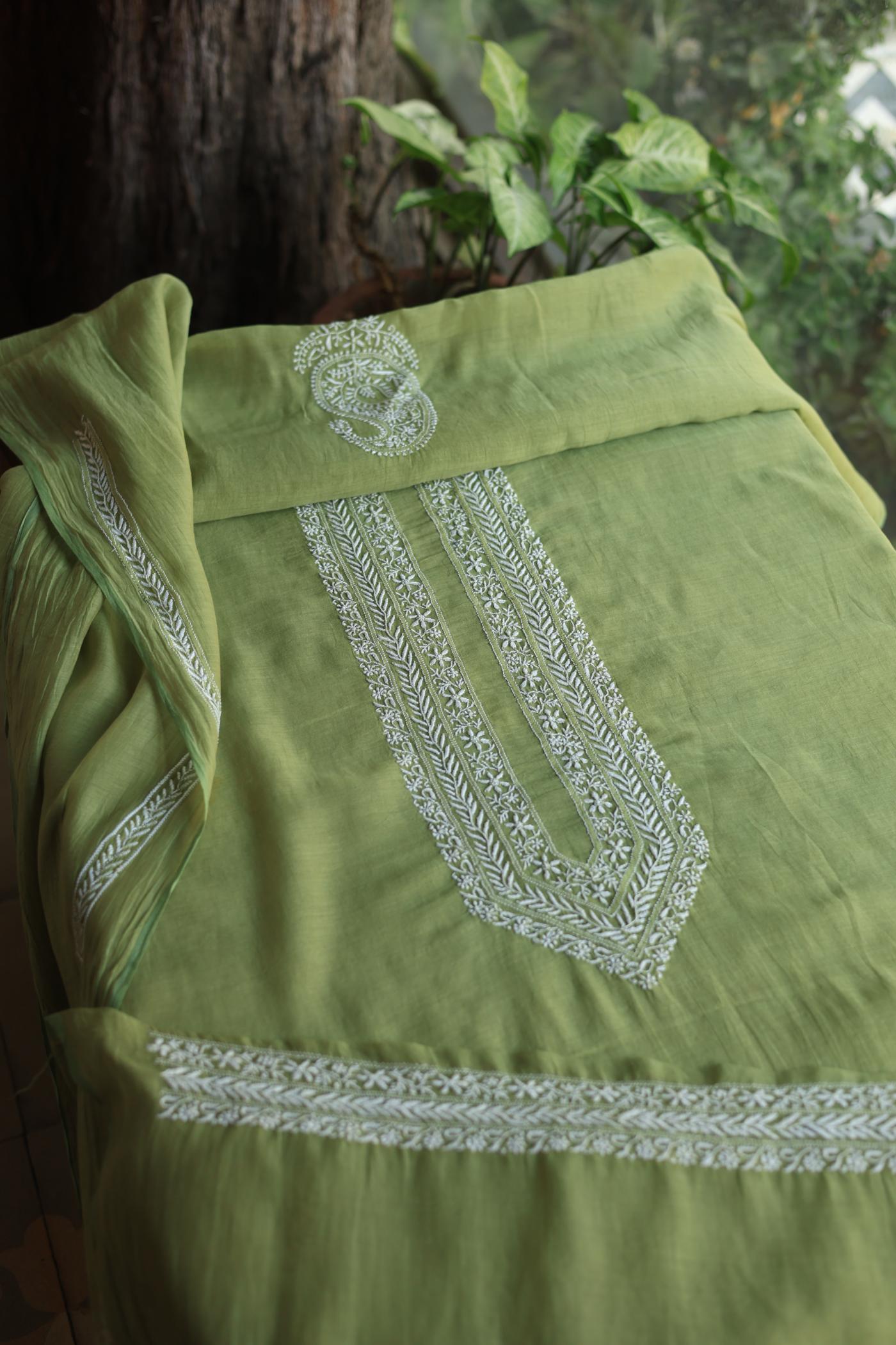 Green Shade Mulmul Chikankari Unstitched Men's Kurtas Fabric