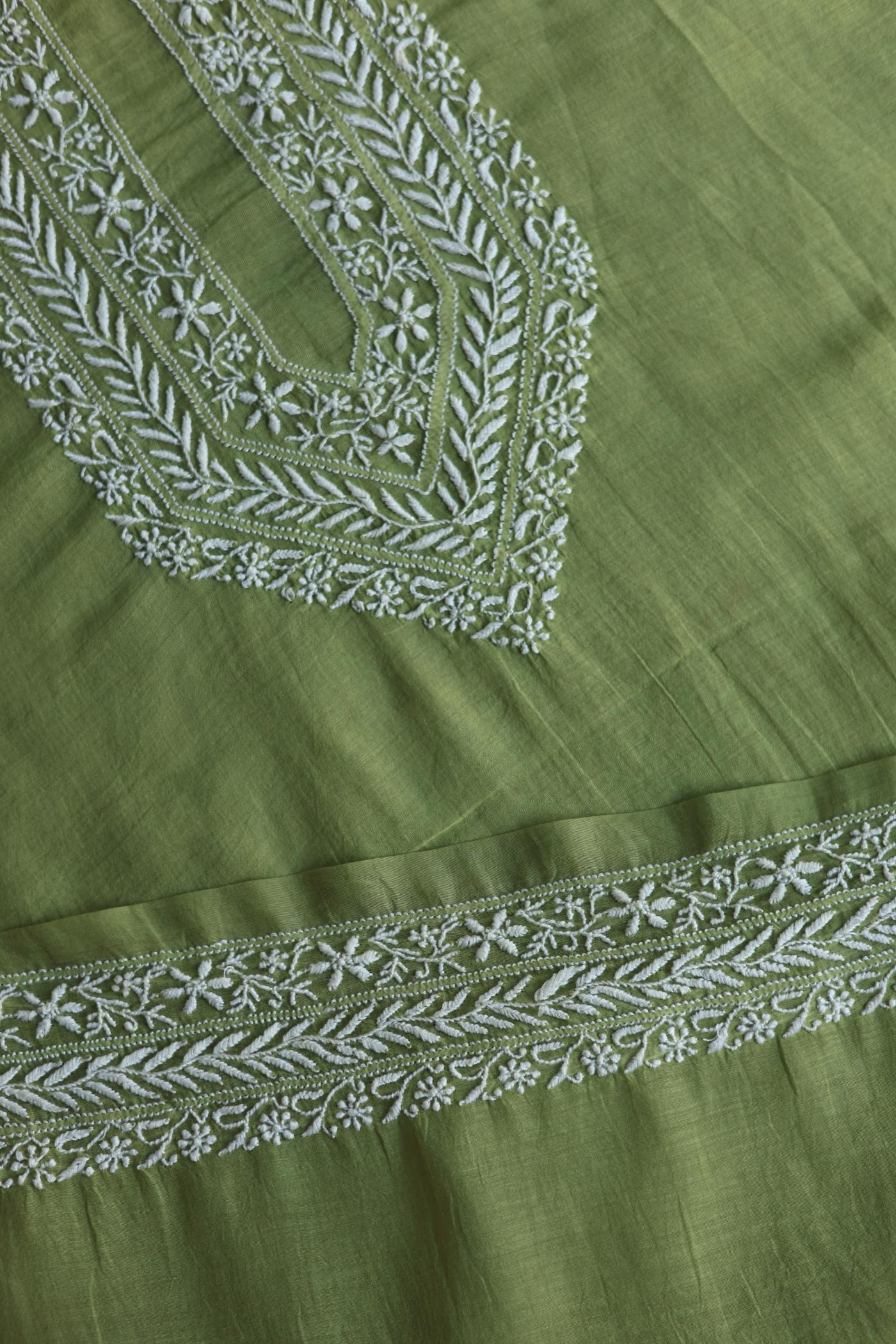 Green Shade Mulmul Chikankari Unstitched Men's Kurtas Fabric