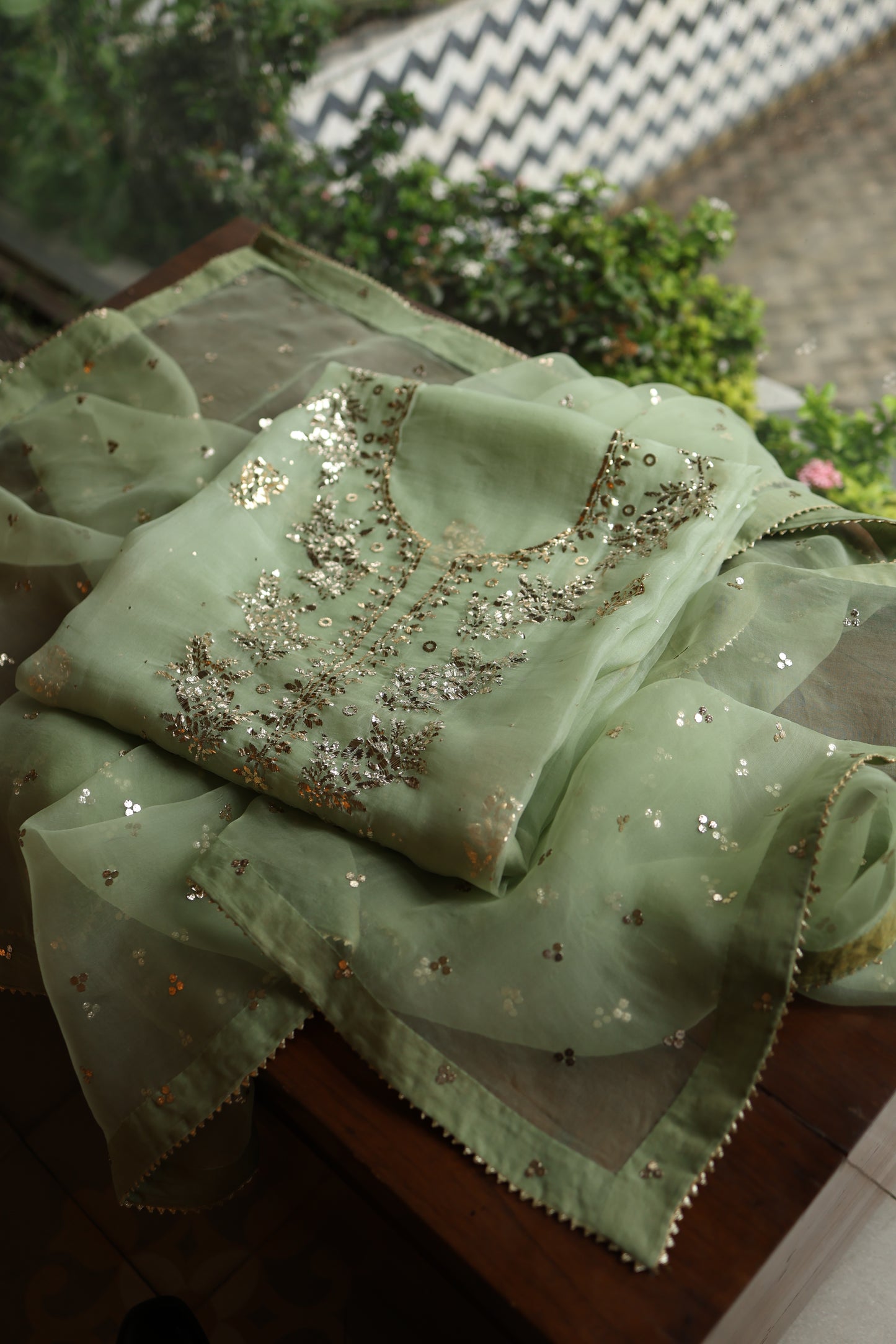 Green Shade Noor Organza Silk Badla Unstitched Kurta Dupatta Set