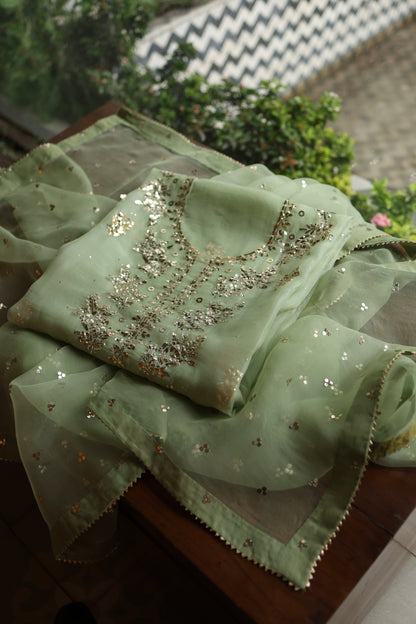 Green Shade Noor Organza Silk Badla Unstitched Kurta Dupatta Set