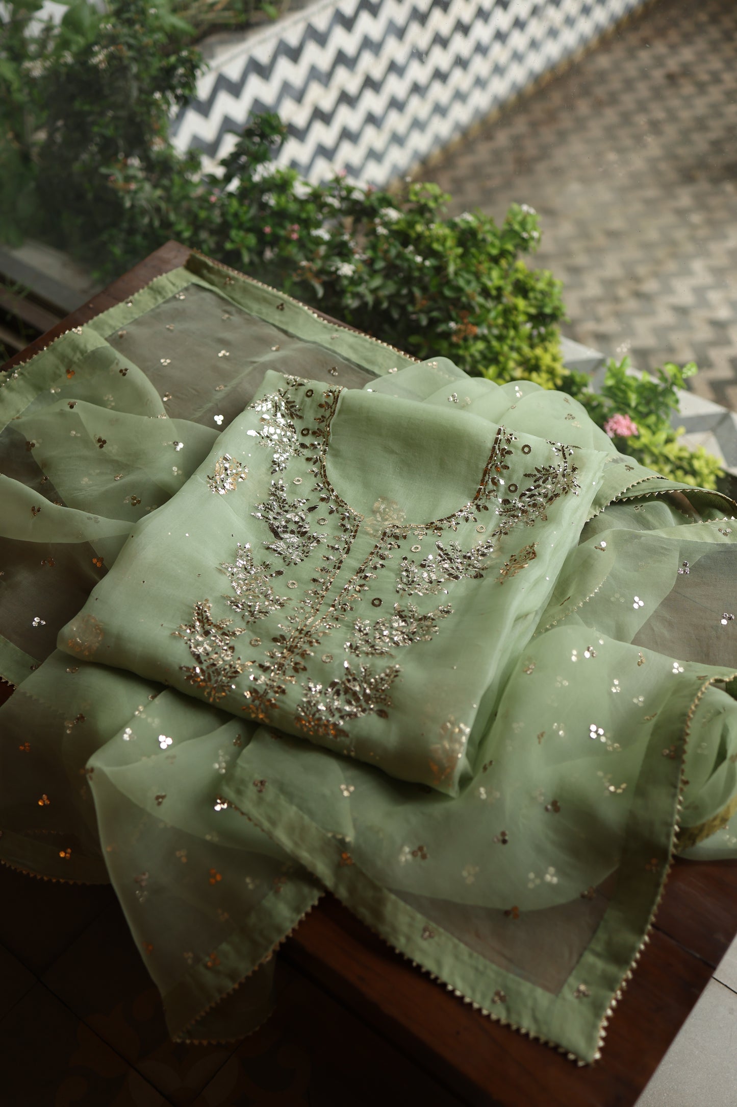 Green Shade Noor Organza Silk Badla Unstitched Kurta Dupatta Set