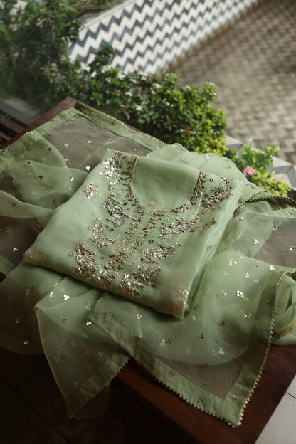 Green Shade Noor Organza Silk Badla Unstitched Kurta Dupatta Set