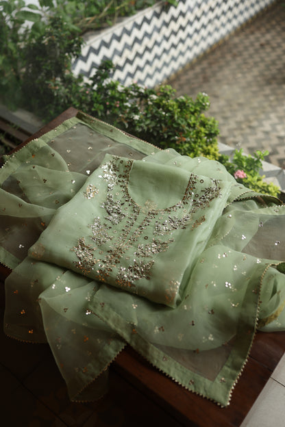Green Shade Noor Organza Silk Badla Unstitched Kurta Dupatta Set