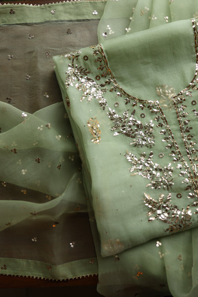 Green Shade Noor Organza Silk Badla Unstitched Kurta Dupatta Set