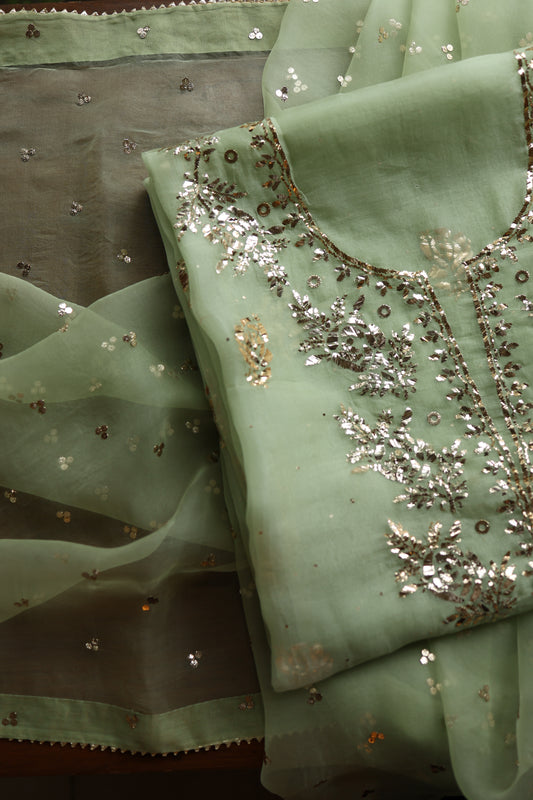 Green Shade Noor Organza Silk Badla Unstitched Kurta Dupatta Set