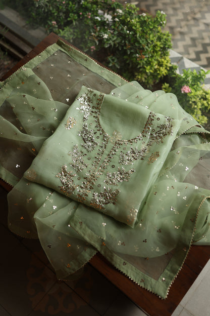 Green Shade Noor Organza Silk Badla Unstitched Kurta Dupatta Set