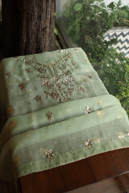 Green Shade Noor Organza Silk Badla Unstitched Kurta Dupatta Set