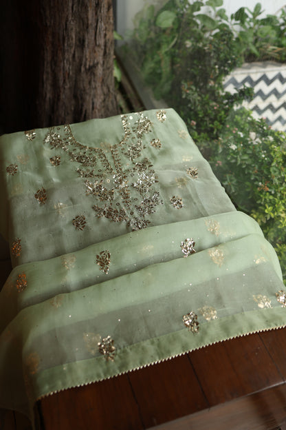 Green Shade Noor Organza Silk Badla Unstitched Kurta Dupatta Set