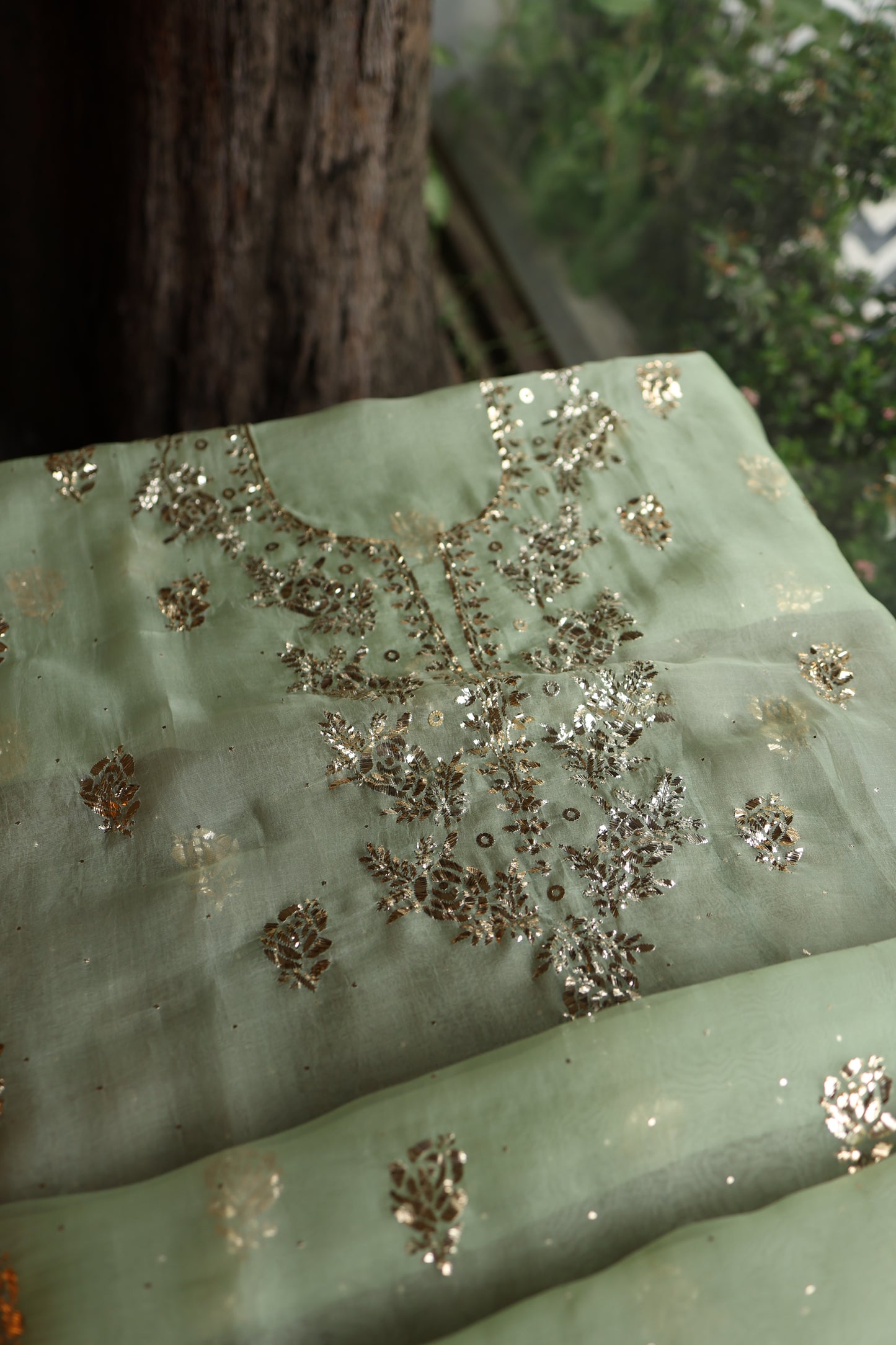 Green Shade Noor Organza Silk Badla Unstitched Kurta Dupatta Set